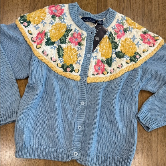 Vintage BIRCH BROS chunky cottage Floral Knit Cardigan - Blue and Yellow - Picture 4 of 10